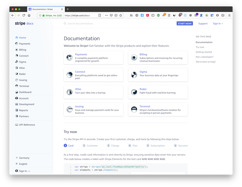 Stripe documentation home page