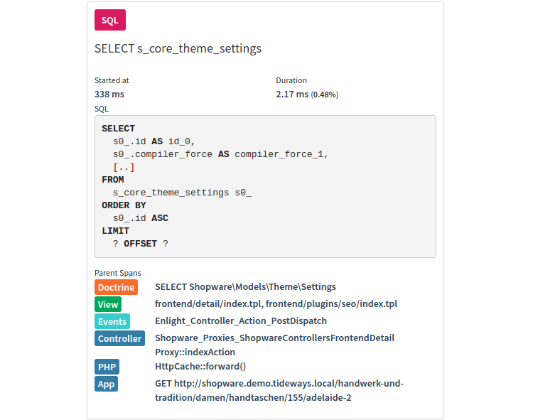 Span in Tideways Timeline Profiler with a list of all its parents