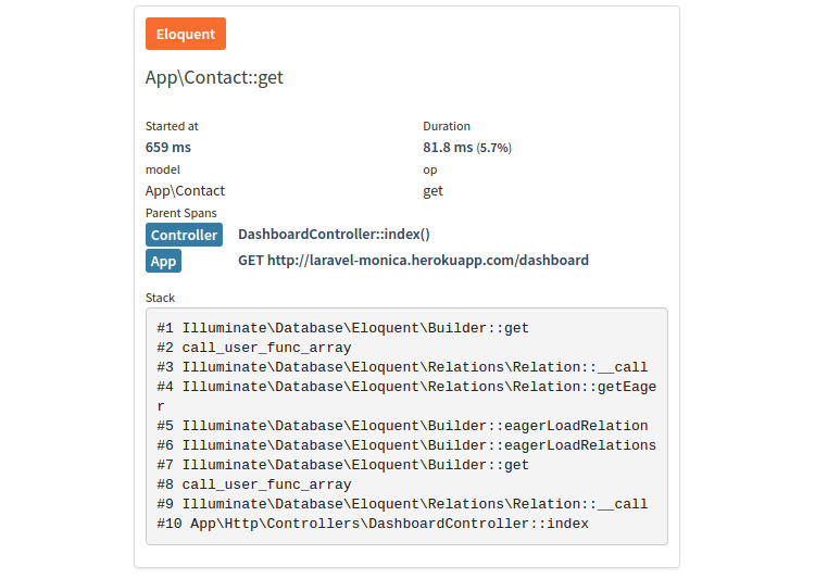 Stacktrace for a slow span in Tideways Timeline Profiler