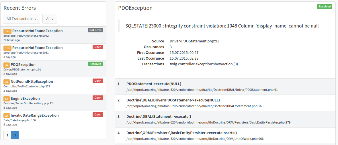 New Tideways PHP Error and Exception Detection Screen